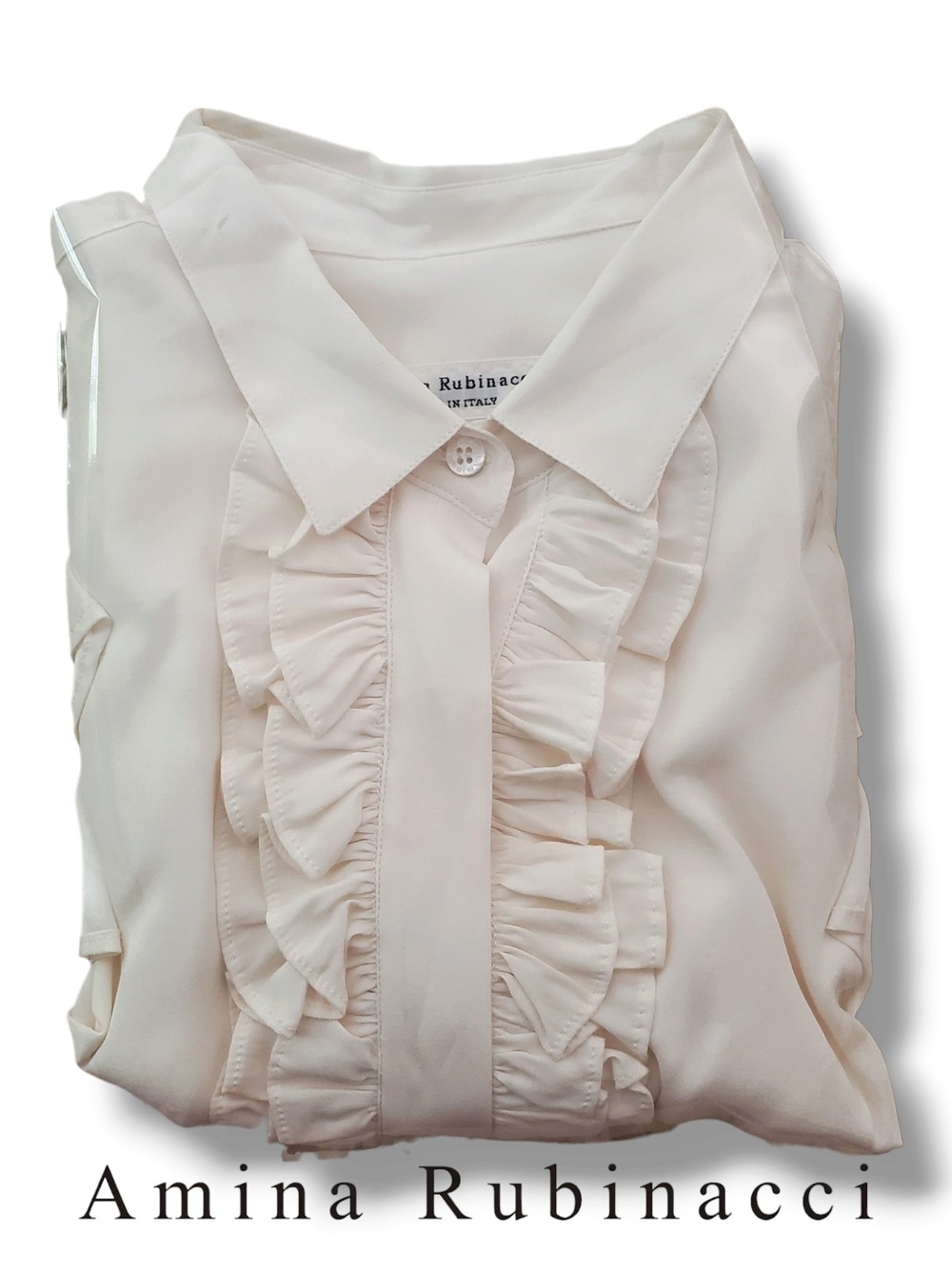 Amina Rubinacci Italy Cream Ruffle Silk Blend Blouse Top IT 48 US 12 - Picture 6 of 11
